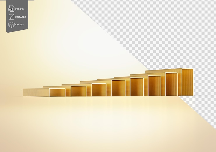 PSD una serie de alfileres metálicos dorados dispuestos en filas paralelas sobre un fondo blanco ilustración 3d