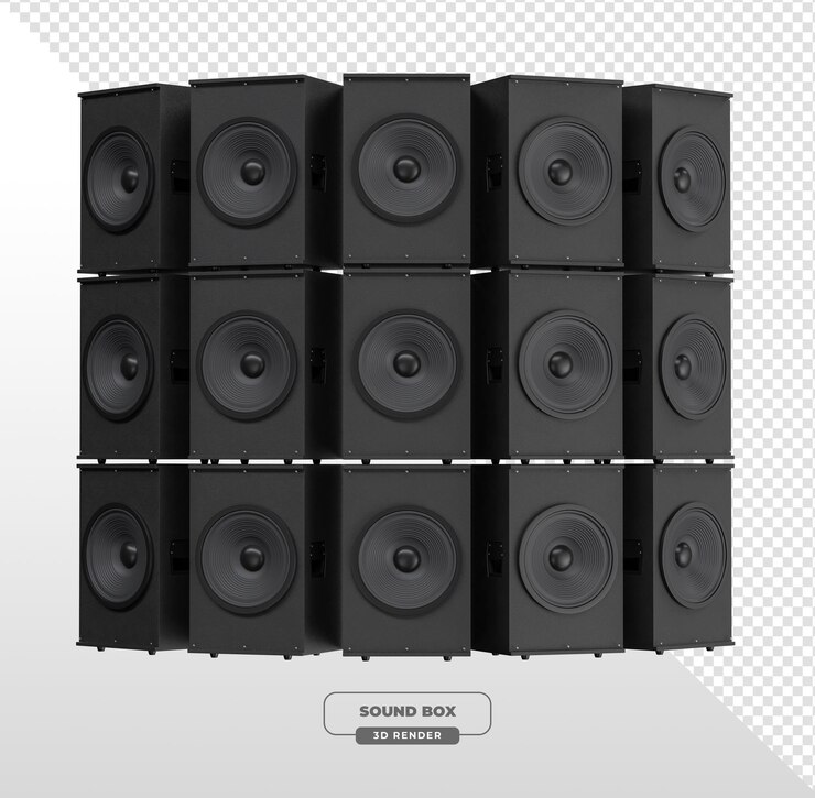 PSD una serie de cajas de sonido negras y altavoces en renderización 3d