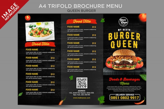 PSD série de menu de brochura com três dobras em estilo vintage queen burger