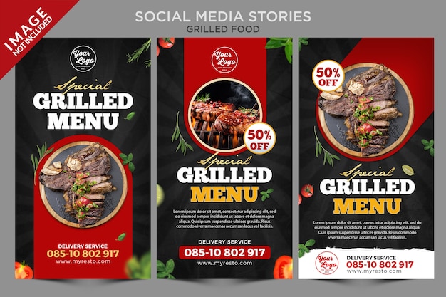 Serie di storie sui social media di cibo alla griglia