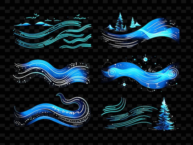 PSD una serie de ilustraciones azules y plateadas con árboles y copos de nieve