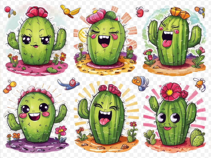 PSD una serie de imágenes de caras de cactus con una mariposa en la parte superior
