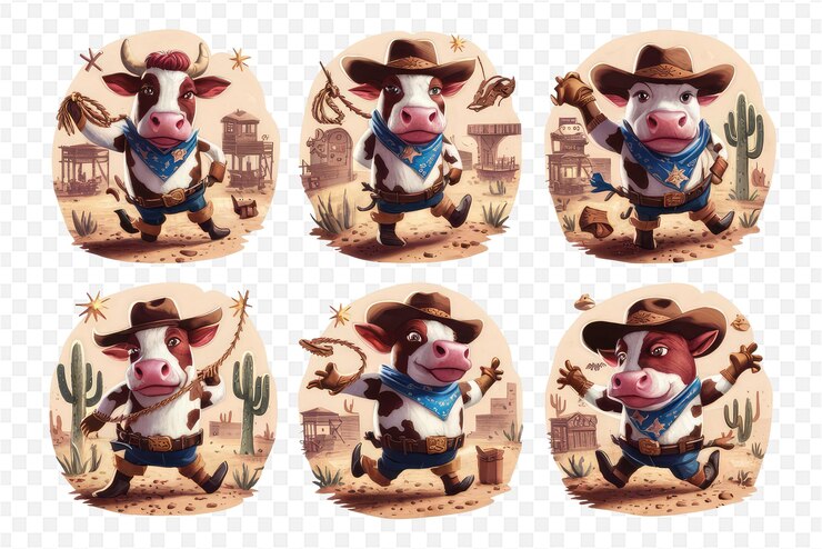 PSD una serie de imágenes de una vaca y un vaquero