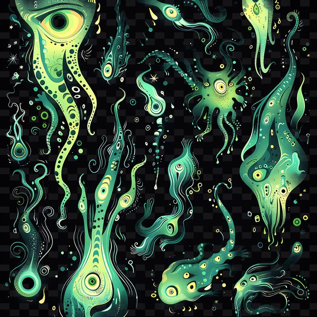 PSD une série d'images abstraites colorées de poissons et de pieuvres extraterrestres colorés