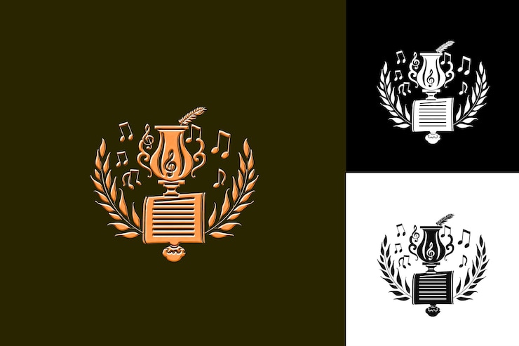 PSD una serie de logotipos con una cinta de oro y un logotipo para un musical