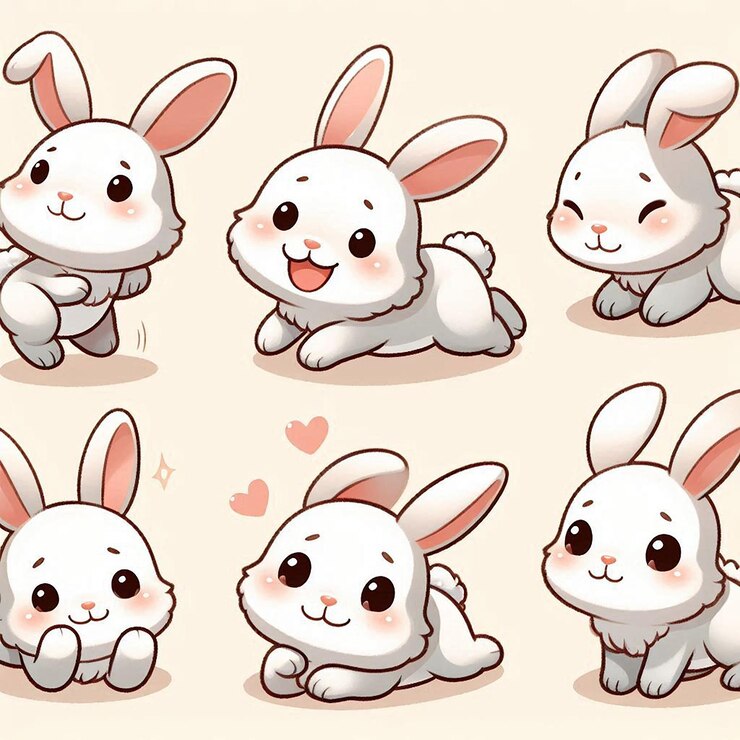 PSD una serie de personajes de dibujos animados con corazones y un conejo lindo