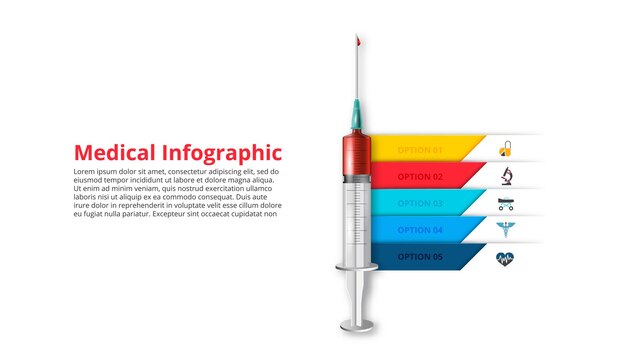 Seringa com uma gota de sangue modelo médico e de saúde para infográfico com 5 etapas