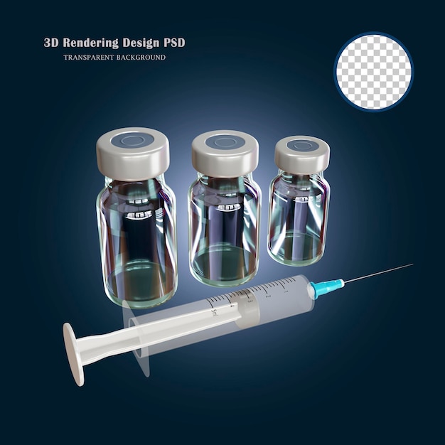 PSD seringa e agulha de vacina contra coronavírus conceito de tratamento covid 19, uma injeção de renderização em 3d
