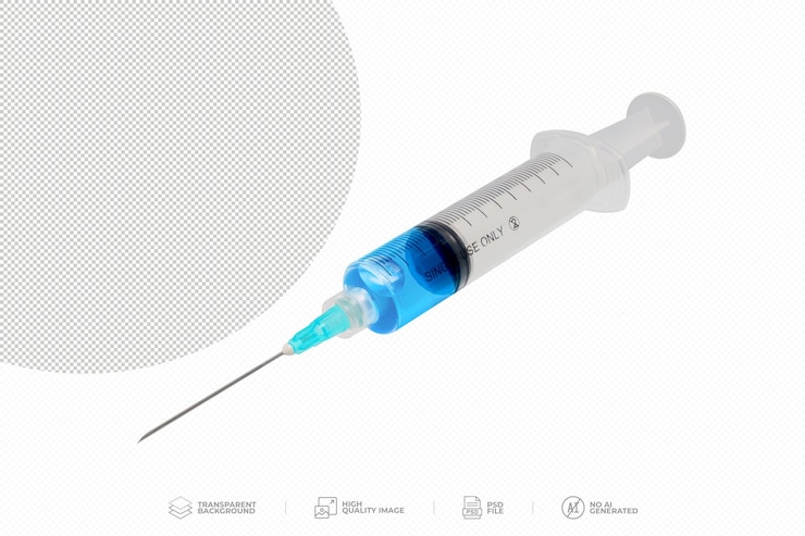 PSD seringa médica cheia de solução azul em fundo transparente psd