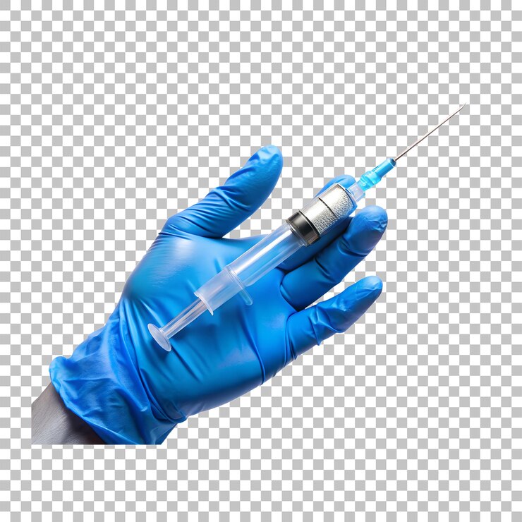 PSD seringa médica en la mano con guante azul de látex sobre un fondo transparente