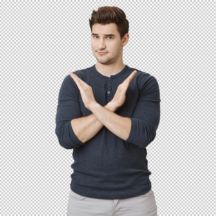 PSD serious displeased man showing stop gesture make cross