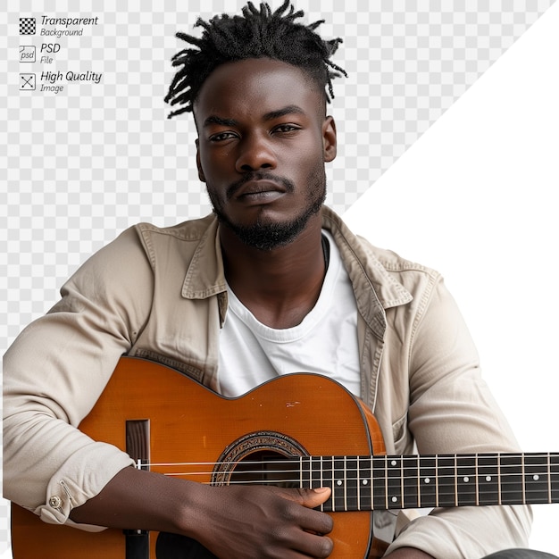 PSD serious male musician holding acoustic guitar on transparent background