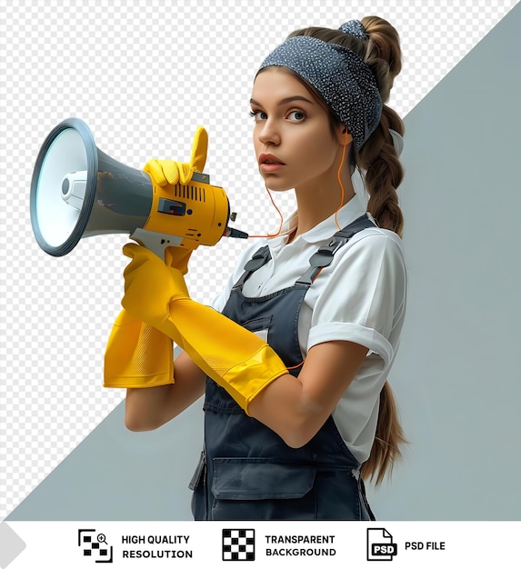 PSD serious young female cleaner wearing uniform bandana and rubber gloves holding and pointing speaker side looking it to the side