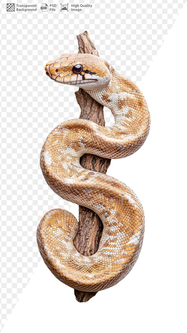 Serpente marrom e creme realista enrolado em torno de um galho em fundo transparente