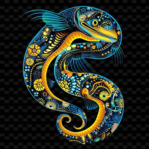 PSD una serpiente con un cuerpo amarillo y azul está pintada sobre un fondo negro