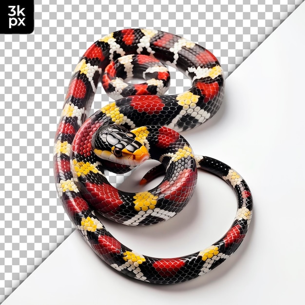 Una serpiente con un cuerpo negro y rojo está acostada en una superficie blanca