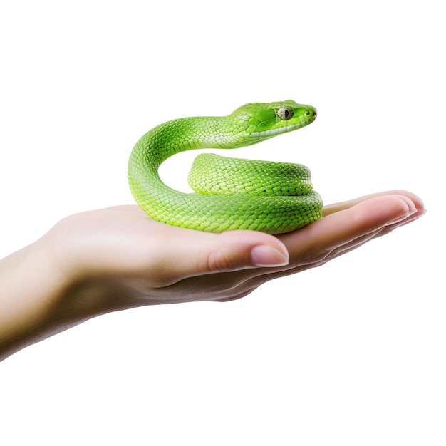 Con una serpiente en la mano sobre un fondo transparente