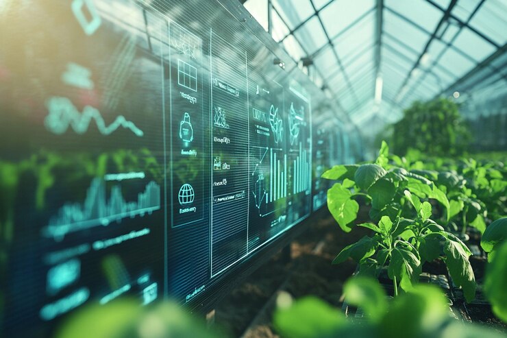 PSD serra intelligente con interfaccia digitale che visualizza i dati sulla crescita delle piante e il monitoraggio ambientale