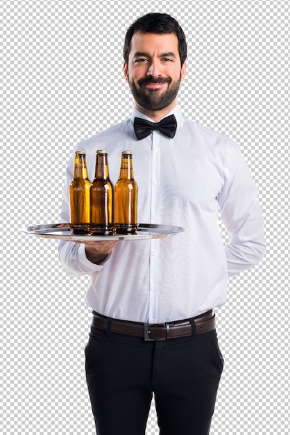 PSD serveur avec des bouteilles de bière sur le plateau