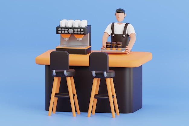 Un serveur portant un plateau de café en 3D