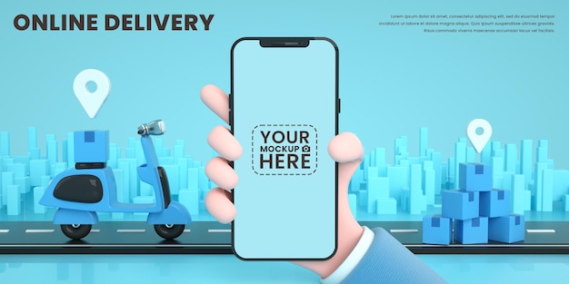 Service de livraison en ligne ou commerce électronique par scooter sur application et maquette de téléphone portable avec emplacement sur carte