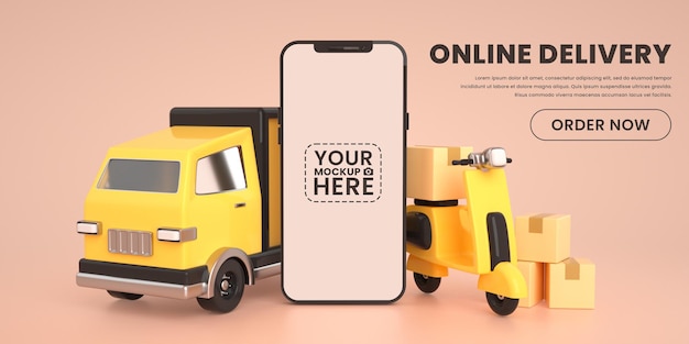 Service De Livraison En Ligne Ou Commerce électronique Par Scooter Et Camion Sur Une Maquette De Téléphone Mobile D'application