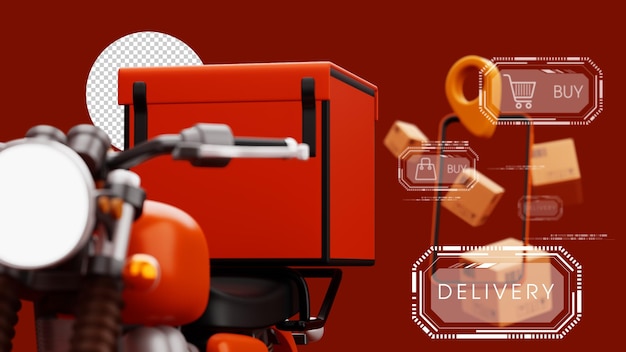 Service de messagerie de livraison moto d'achat en ligne avec boîte à colis rendu 3d