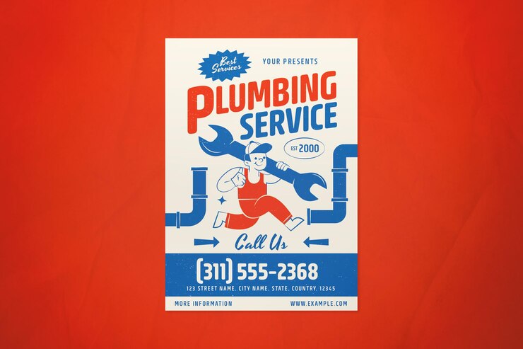 PSD service de plomberie moderne et rétro bleu flyer sur les réseaux sociaux