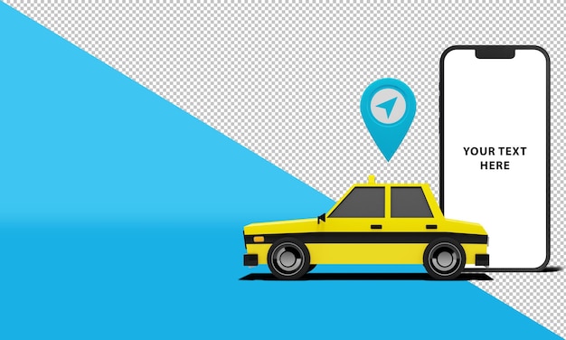 PSD service de taxi en ligne sur l'application mobile image de rendu 3d du taxi jaune avec smartphone