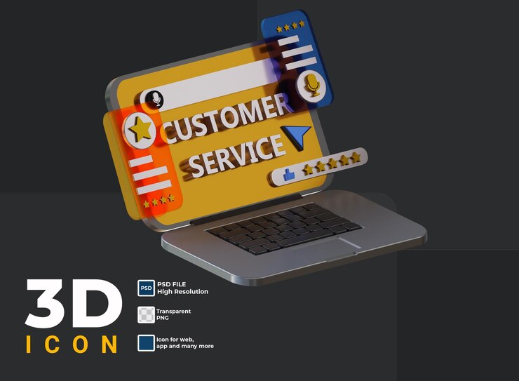 PSD servicio al cliente 3d computadora con calificación de estrellas