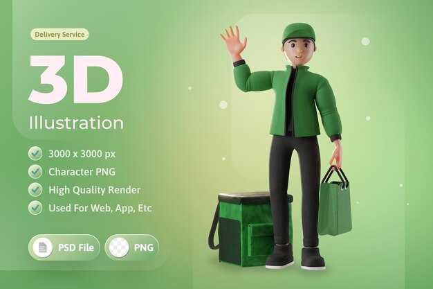 Servicio de entrega con bolsa de personaje y bolso de mano Ilustración 3d