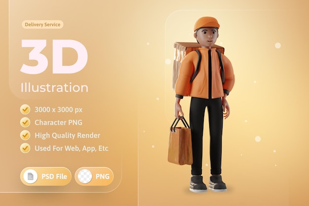 Servicio de entrega con bolsa de personaje y bolso de mano ilustración 3d