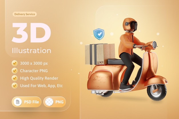 PSD servicio de entrega con carácter y motocicleta ilustración 3d