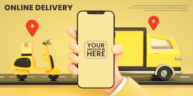 Servicio de entrega en línea o comercio electrónico en scooter en la aplicación y maqueta de teléfono móvil con ubicación en el mapa