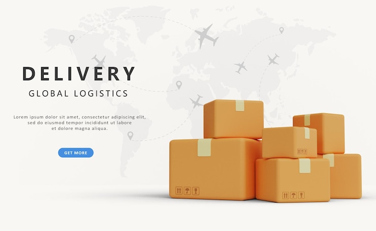 PSD servicio de entrega de logística global entrega de pancartas cajas de cartón 3d psd premium