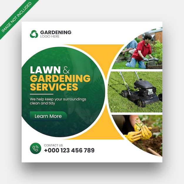 PSD servicio de jardinería o césped, publicación en redes sociales y plantilla de banner web