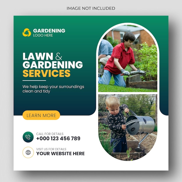 Servicio de jardinería o césped, publicación en redes sociales y plantilla de banner web