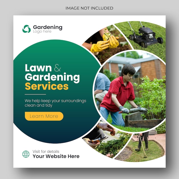 PSD servicio de jardinería o césped, publicación en redes sociales y plantilla de banner web