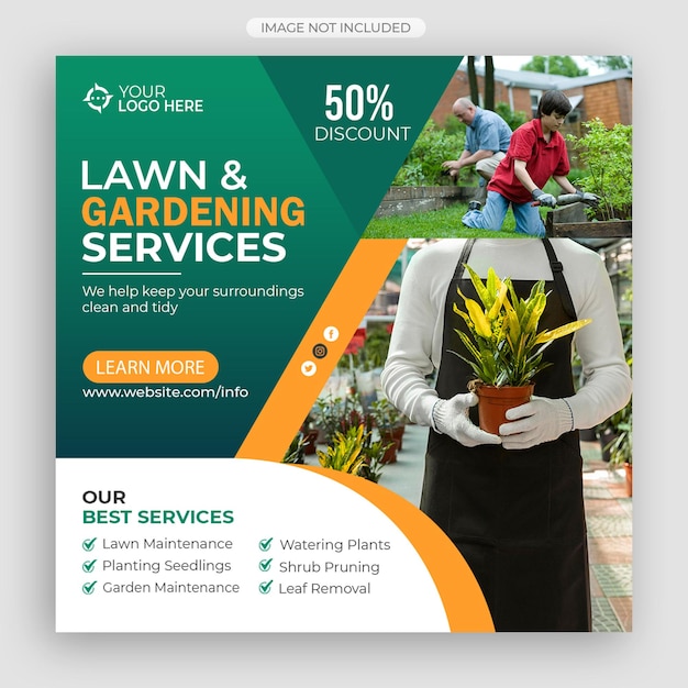 PSD servicio de jardinería o césped, publicación en redes sociales y plantilla de banner web