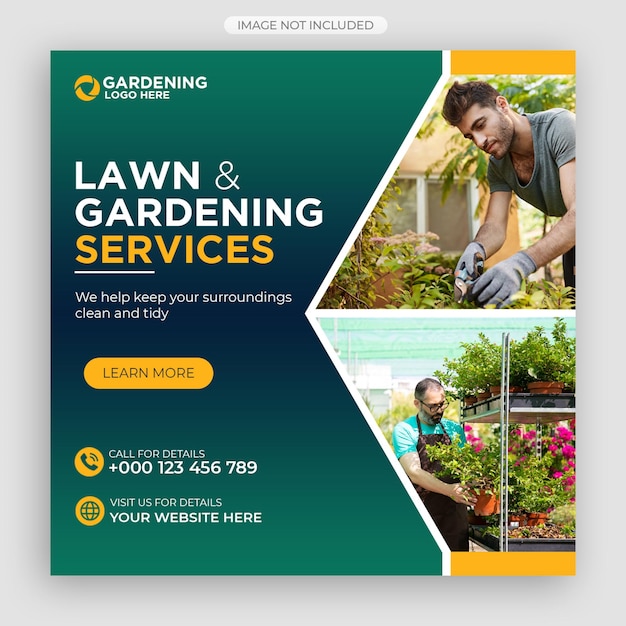 PSD servicio de jardinería o césped, publicación en redes sociales y plantilla de banner web