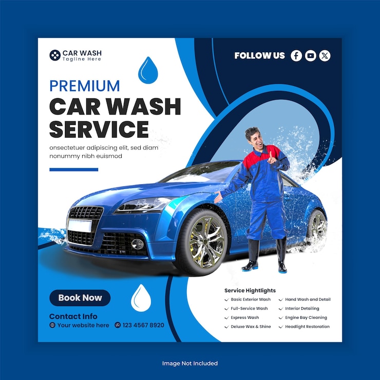 Servicio de lavado de automóviles y detalles de diseño de publicaciones en redes sociales o plantilla de banner cuadrado de Facebook Instagram