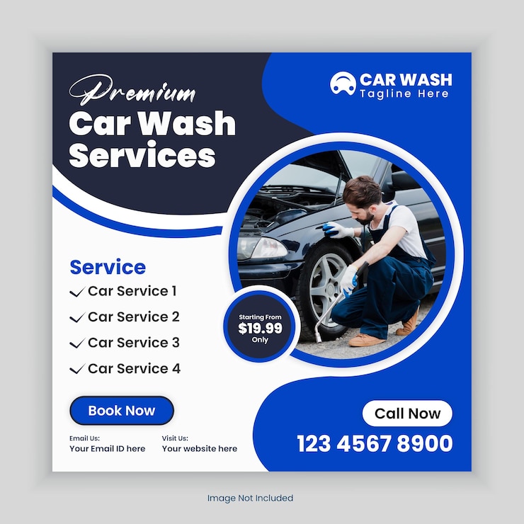 Servicio de lavado de automóviles y detalles de diseño de publicaciones en redes sociales o plantilla de banner cuadrado de Facebook Instagram