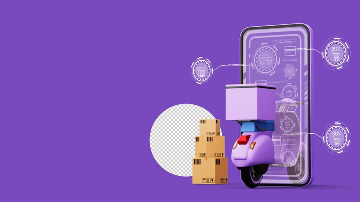 PSD servicio de mensajería de entrega de compras en línea motocicleta con caja de paquetes renderización 3d