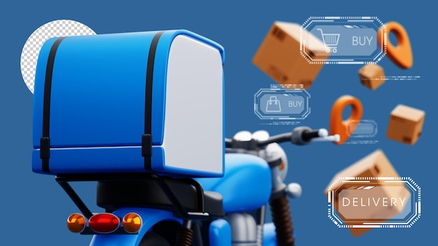Servicio de mensajería de entrega de compras en línea motocicleta con caja de paquetes renderización 3d