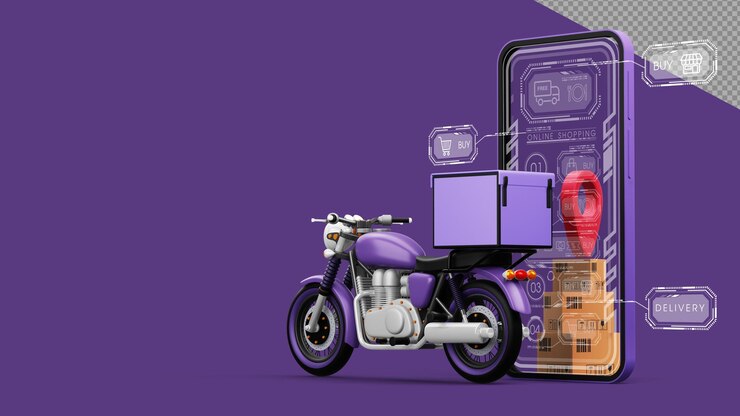 PSD servicio de mensajería de entrega de compras en línea motocicleta con caja de paquetes renderización 3d