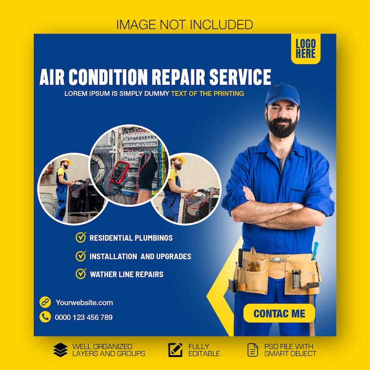 PSD servicio de reparación de aire acondicionado publicación en redes sociales y plantilla de publicación en instagram