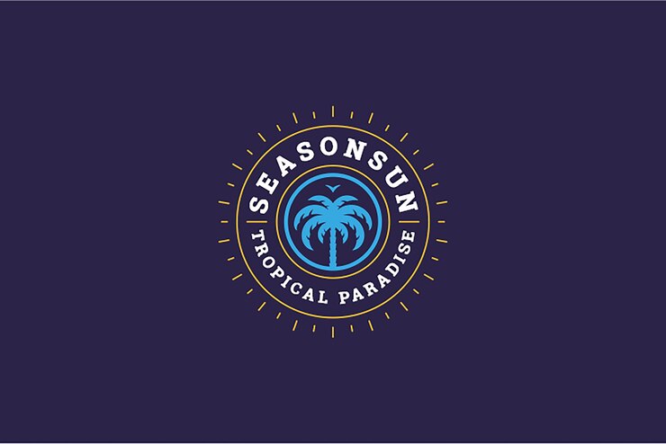 PSD servicio de vacaciones de viajes al paraíso tropical diseño de logotipo minimalista plantilla árbol de palma sol