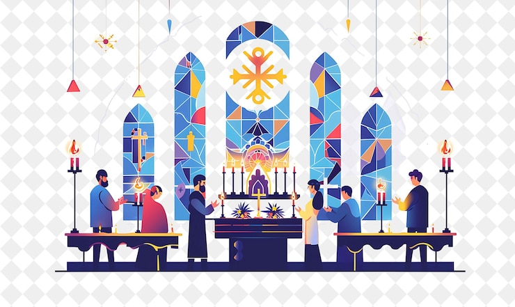 PSD servicio de la víspera de navidad con personajes orando e iluminando c ilustración diseño artístico de navidad