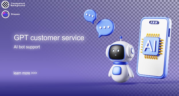 Serviço de atendimento ao cliente GPT 3d banner Aplicativo de chatbot móvel com chip de AI na tela robô bot fala chat bolha ChatGPT tecnologia de comunicação on-line suporte com inteligência artificial