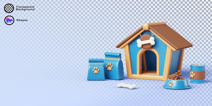 PSD serviço de babá de animais de estimação bandeira 3d casa de cão com tigela de saco de alimentação lata pode osso em fundo azul render oferta de negócio de babás de animais de companhia ajuda para cuidar e caminhar para animais domésticos conceito